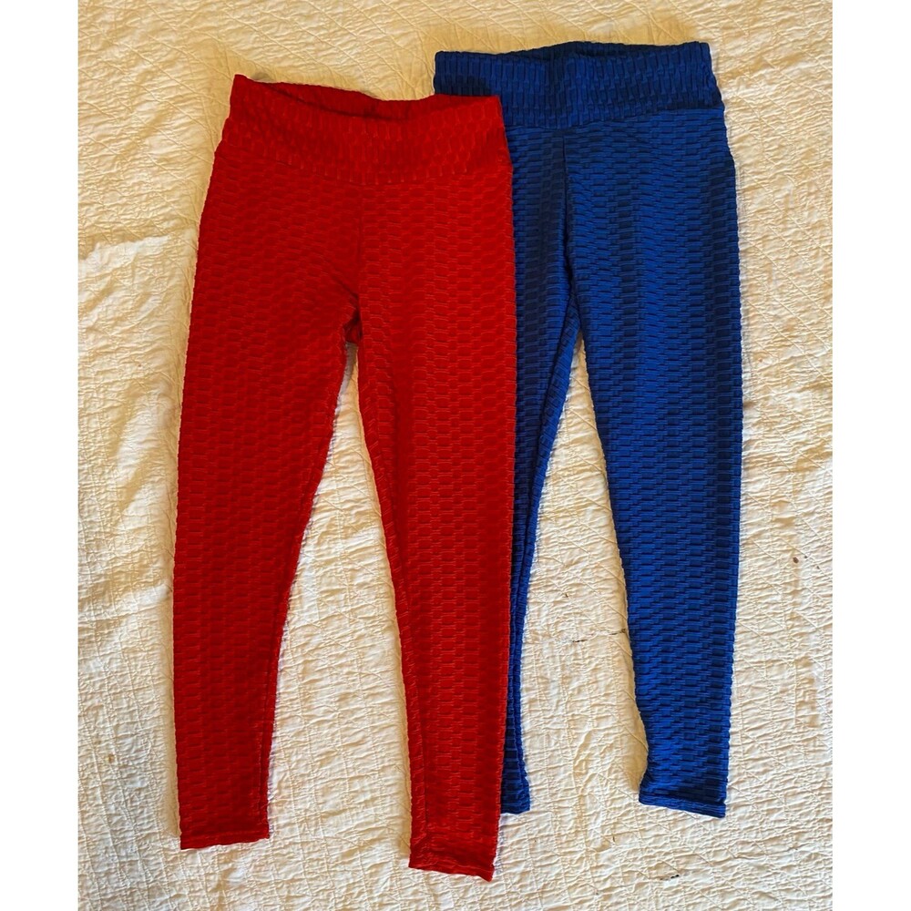 TWO Pair Stretch Pants  Leggings Red Blue Textured‎ Cropped Tapered Ankle New